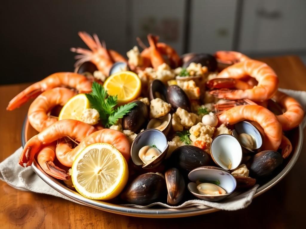 Mariscada com camarão, amêijoas e limão